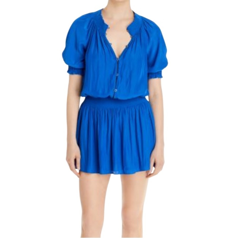 RAMY BROOK Pierre Smocked Waist Dress Mosaic Blue Elbow Sleeve~